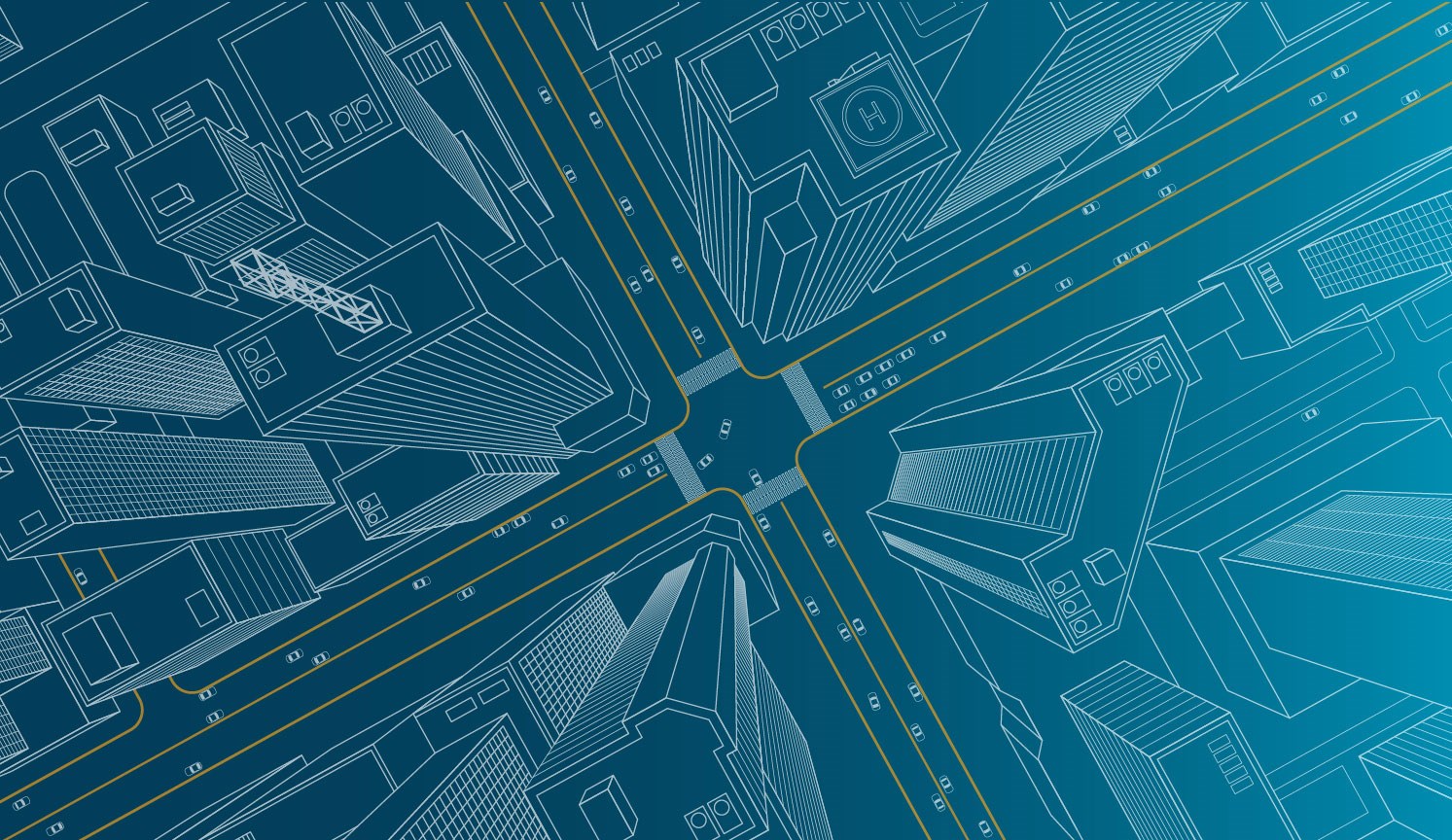 overhead view of white line drawings of city architecture and roads, on blue background
